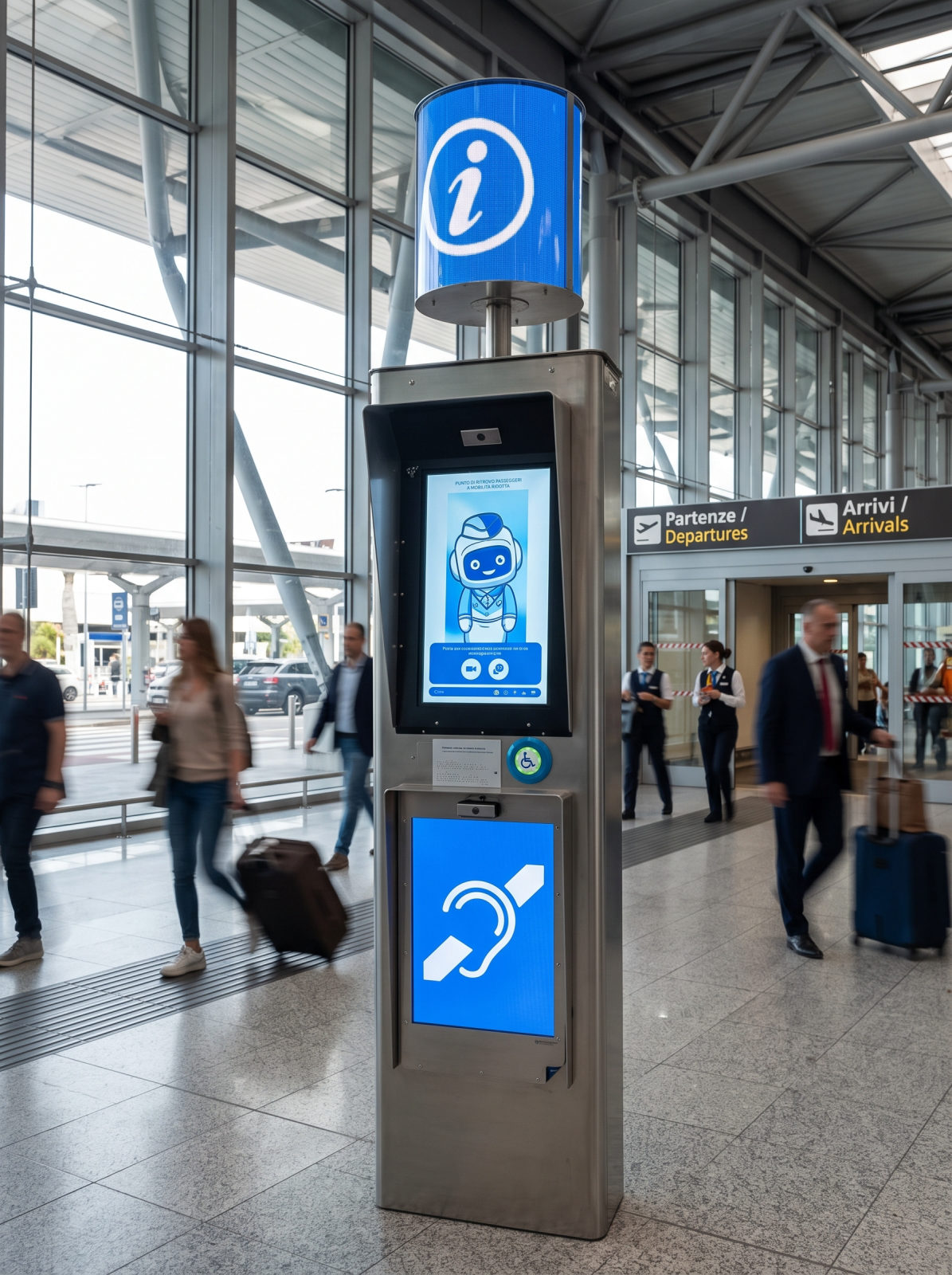 Totem PRM in un terminal, con lo schermo del punto di ritrovo per passeggeri a mobilità ridotta e il pulsante di chiamata.